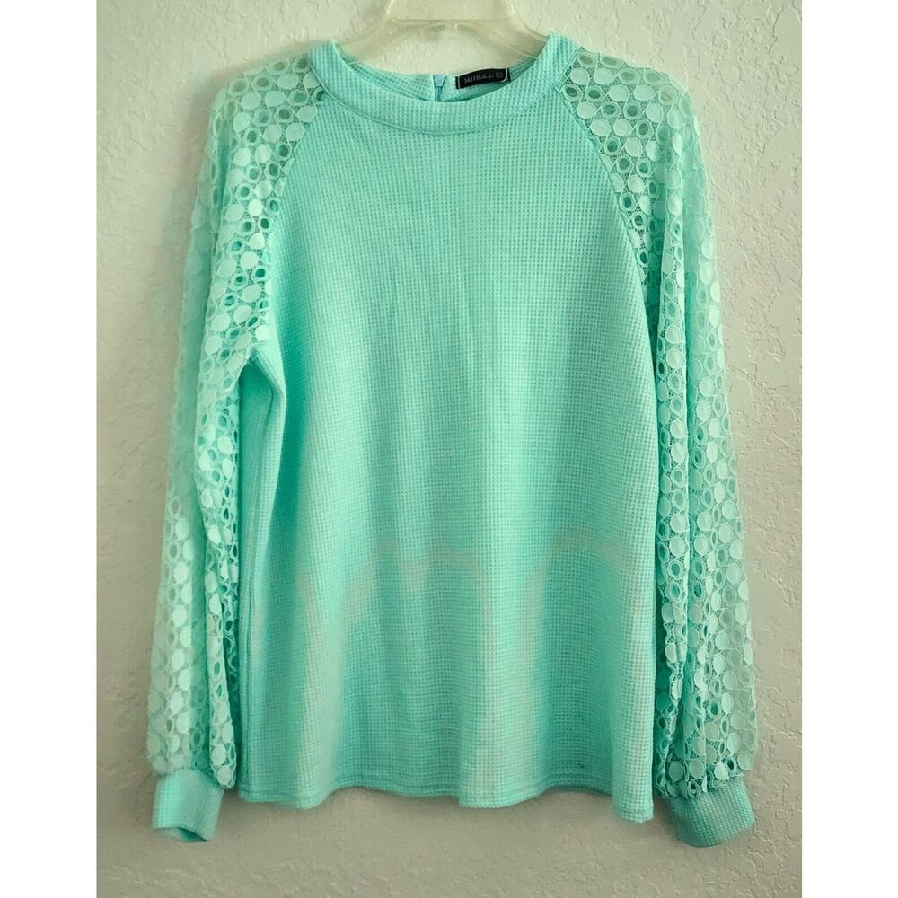 Top/Blouse-Miholl-Waffle Material-Lace Sleeves-Long Sleeves-Mint Green-Large